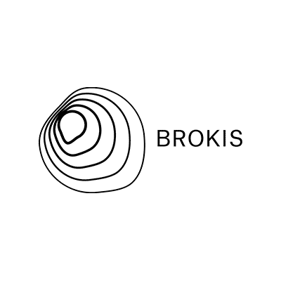 Borkis-Logo Das Brokis-Logo besteht aus fünf konzentrischen, unregelmäßigen ovalen Formen auf der linken Seite und dem Wort BROKIS in Großbuchstaben auf der rechten Seite, alles in Schwarz auf weißem Hintergrund.
