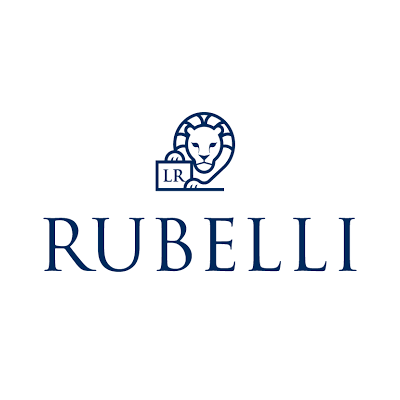Rubelli-Logo2 Das Logo zeigt einen stilisierten Löwen mit seiner Tatze auf einem rechteckigen Block mit der Aufschrift LR über dem Wort RUBELLI in großen, blauen Großbuchstaben auf weißem Hintergrund.