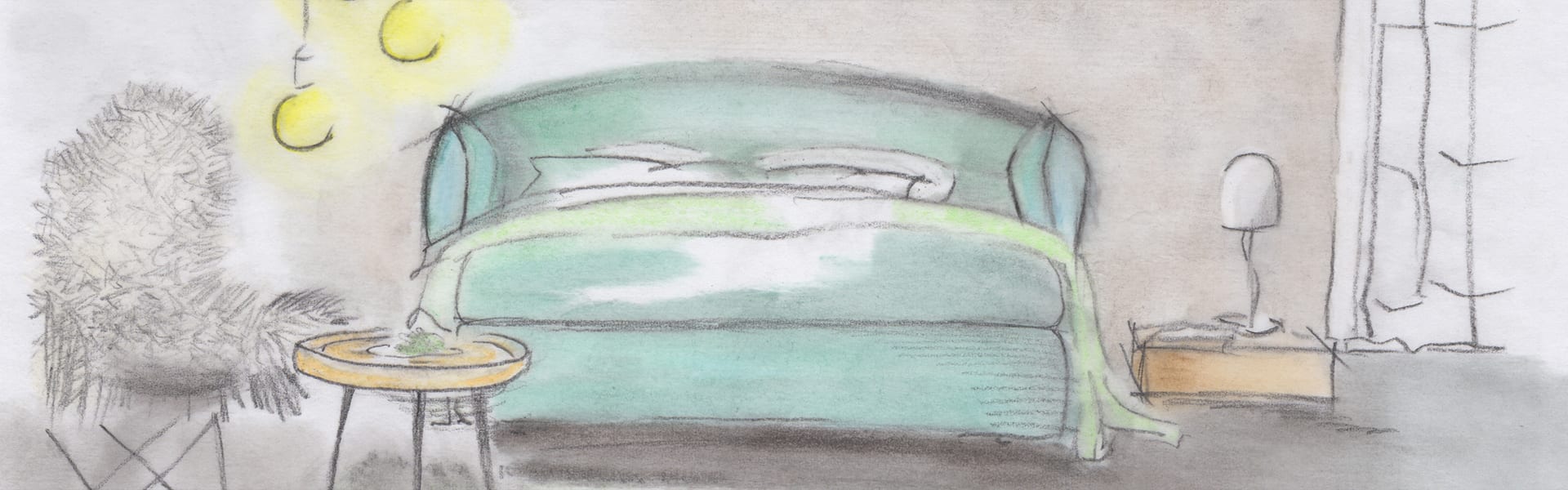 Eine handgezeichnete Skizze eines Schlafzimmers mit einem blaugrünen Bett mit Kissen und Decke, einem kleinen Tisch mit einer Pflanze, einem strukturierten Sessel, einer Nachttischlampe und Hängelampen, alles in sanften Pastellfarben.