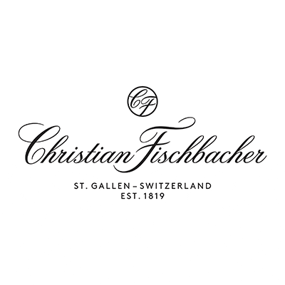 ch-fi Schwarz-weißes Logo mit den Initialen CF in einem Kreis über dem Namen Christian Fischbacher in kursiver Schrift, gefolgt von St. Gallen - Switzerland Est. 1819 in Großbuchstaben.