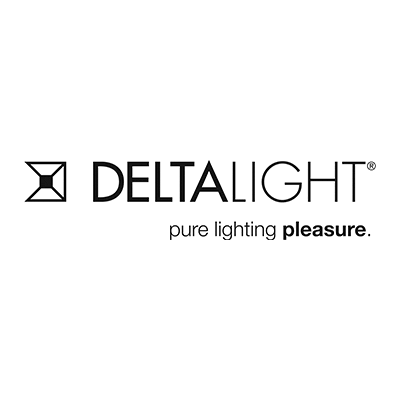 deltalight Delta Light-Logo mit einem geometrischen quadratischen Symbol auf der linken Seite, dem Schriftzug DELTALIGHT in Großbuchstaben und dem Slogan pure lighting pleasure. darunter in Kleinbuchstaben.